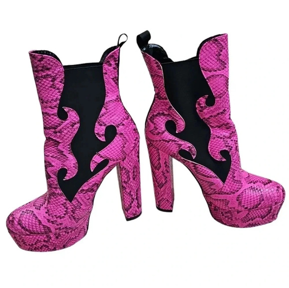 Unbranded 8.5 EUR 39 Hot Pink Snakeskin Flame Chelsea Platform Heels Y2K Goth - Picture 2 of 8